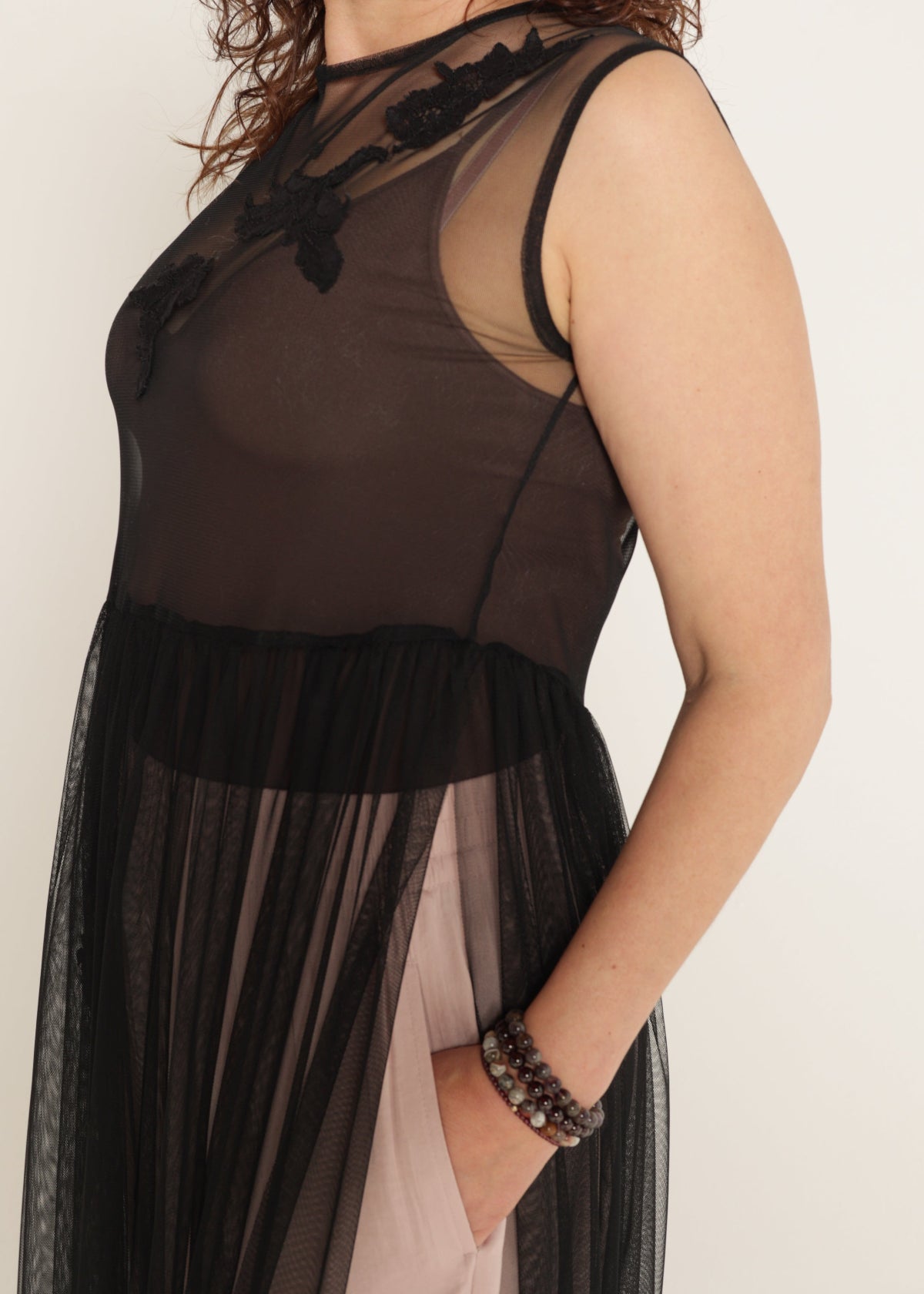 Black Dress Decorated with Lace Applications