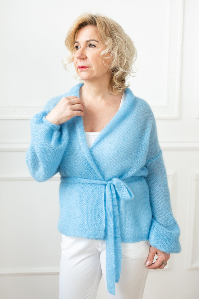 Light blue classic style mohair jacket with flared sleeves