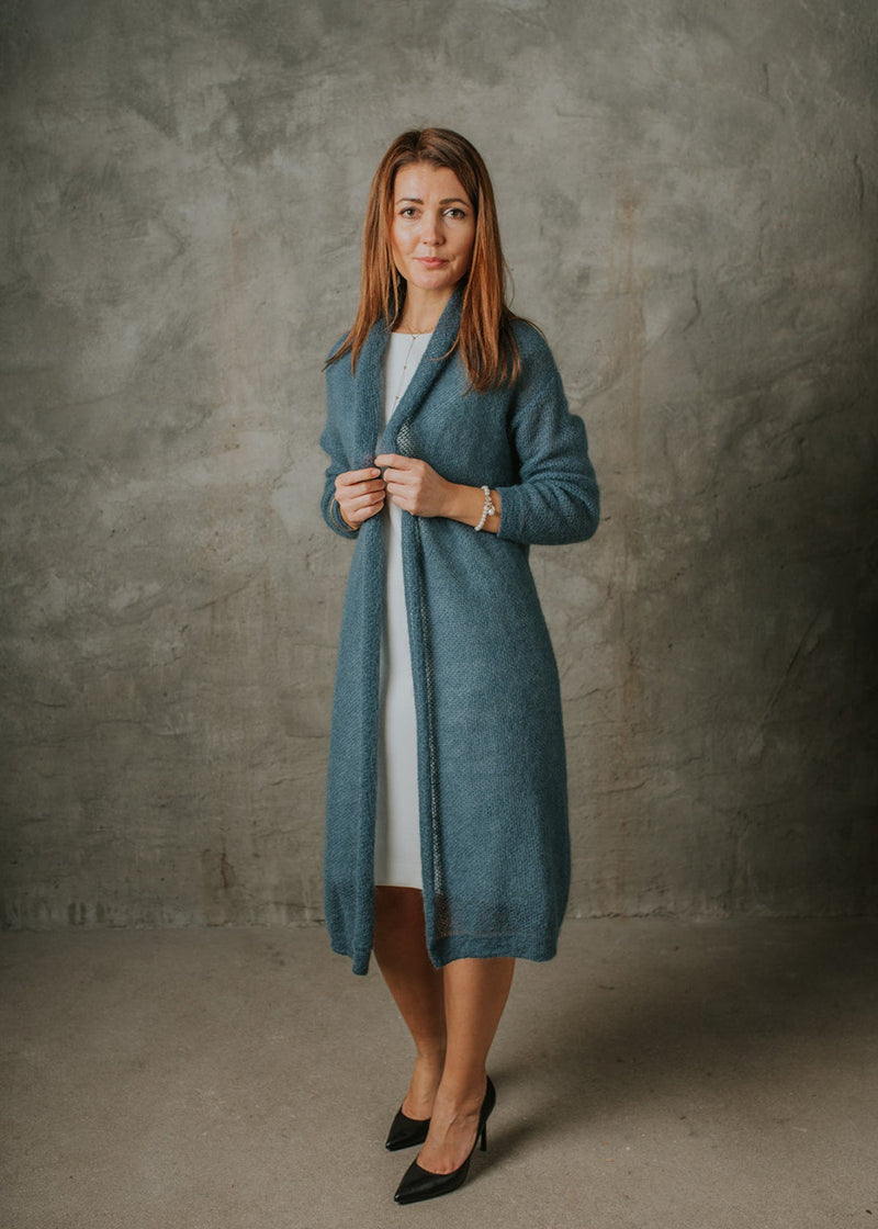 Turquoise long classic style mohair cardigan
