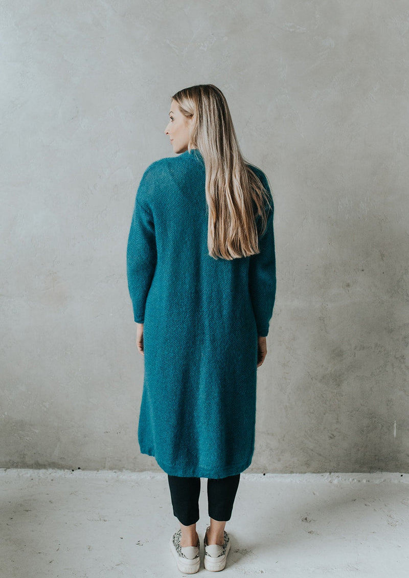 Turquoise long, classic style mohair jacket