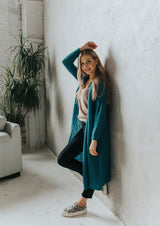 Turquoise long, classic style mohair jacket