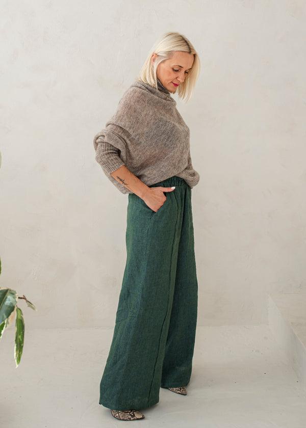 Palazzo Linen Pants - Green Melange