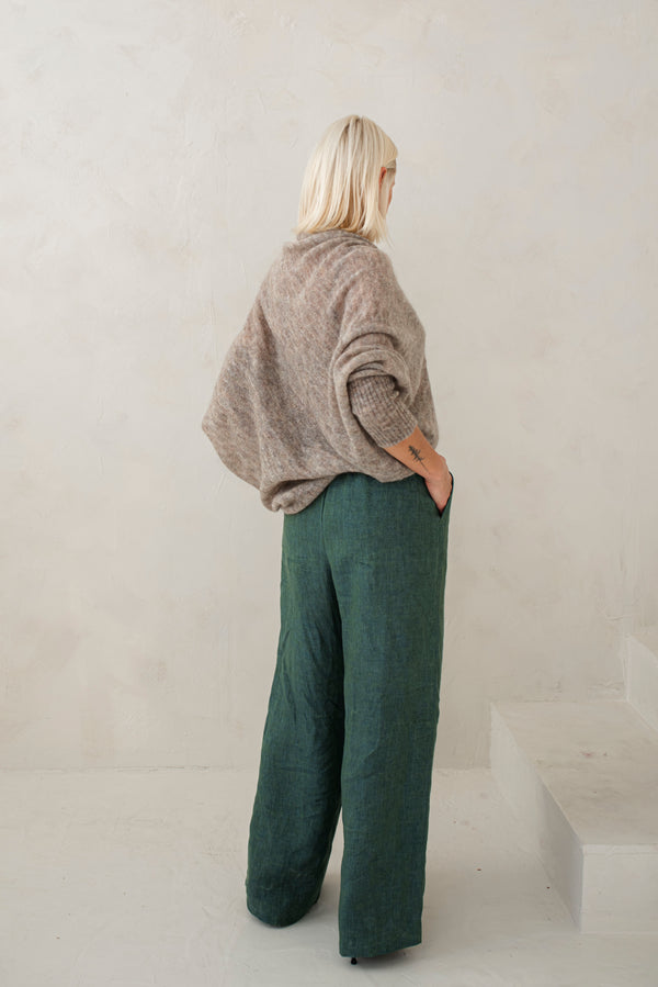 Palazzo Linen Pants - Green Melange