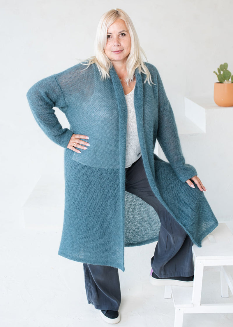 Turquoise long classic style mohair cardigan