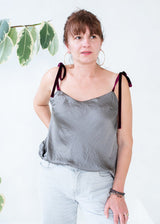 Satin top with velvet ribbons