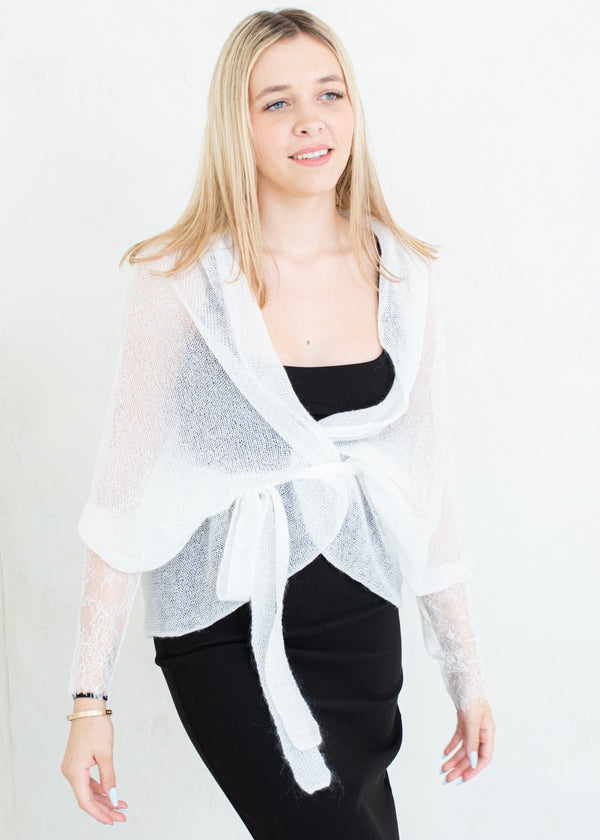 Mohair fine knit cardigan with lace sleeves