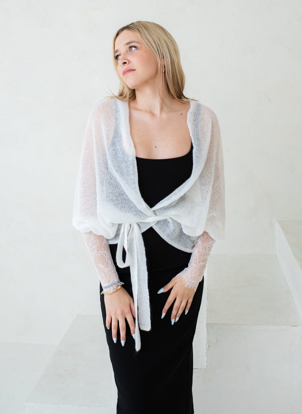 Mohair fine knit cardigan with lace sleeves