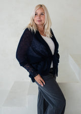 Navy blue soft mohair fine knit cardigan with lace sleeves S-XL