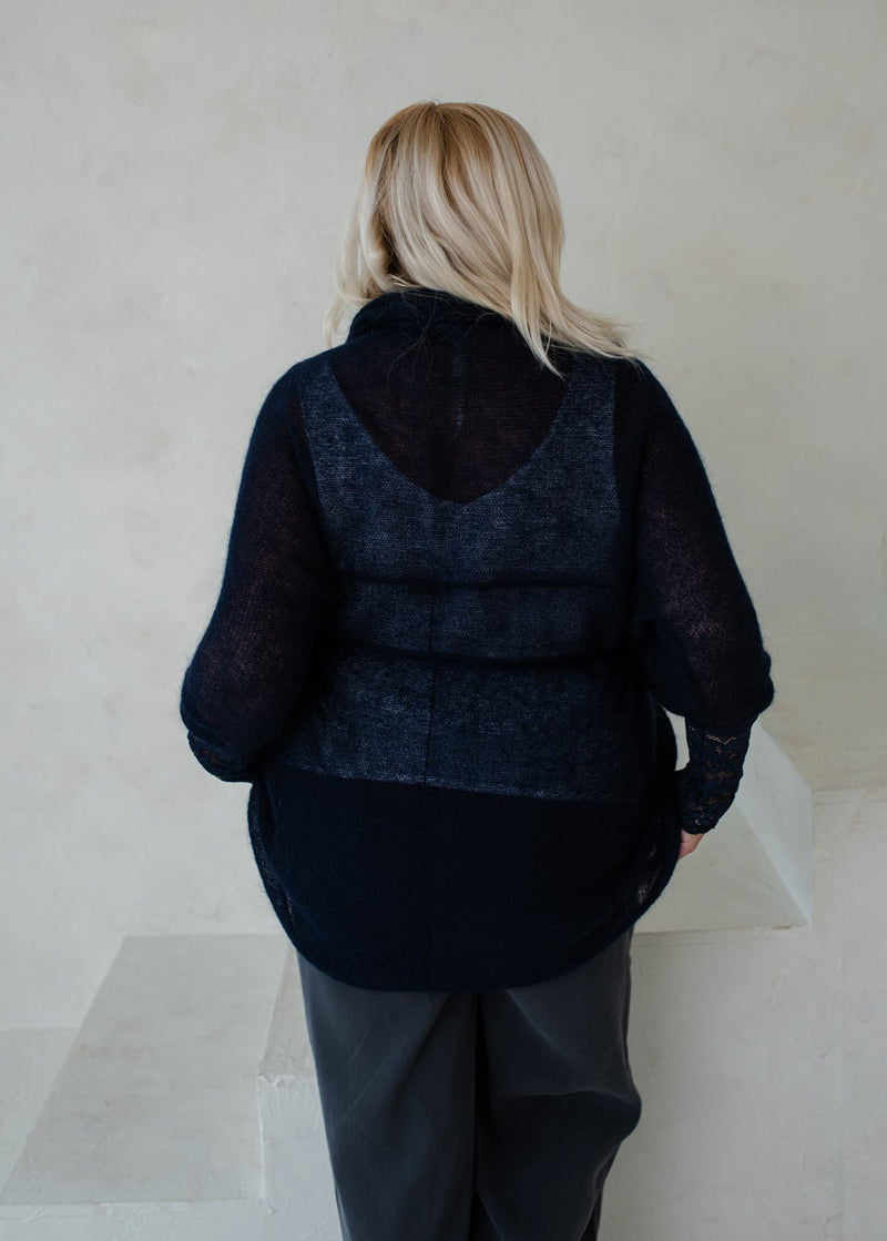 Navy blue soft mohair fine knit cardigan with lace sleeves S-XL