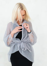 Navy blue soft mohair fine knit cardigan with lace sleeves