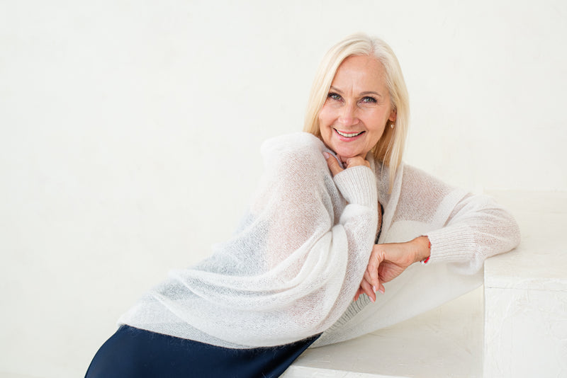 White soft mohair fine knit cardigan with lace sleeves