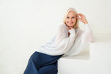 White soft mohair fine knit cardigan with lace sleeves