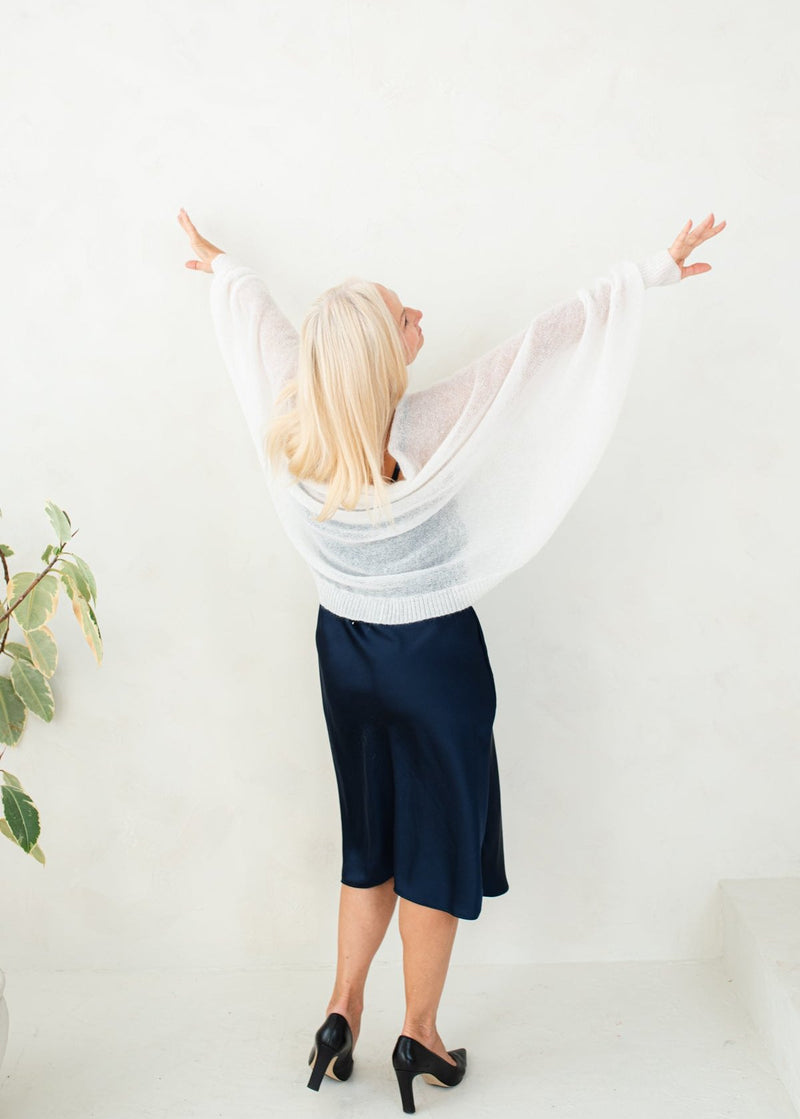 White soft mohair fine knit cardigan with lace sleeves