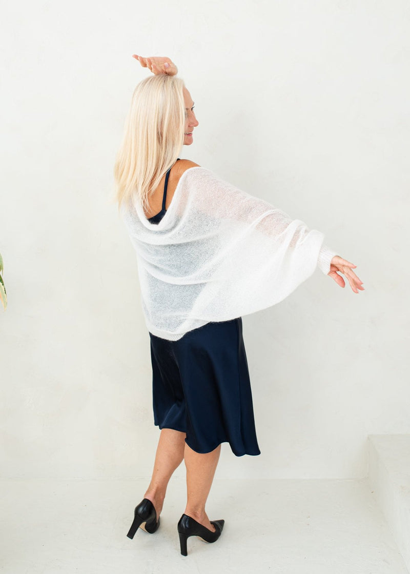 White soft mohair fine knit cardigan with lace sleeves