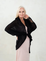 Light gray soft mohair fine knit jacket with lace sleeves