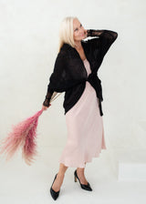 Black soft mohair fine knit cardigan with lace sleeves