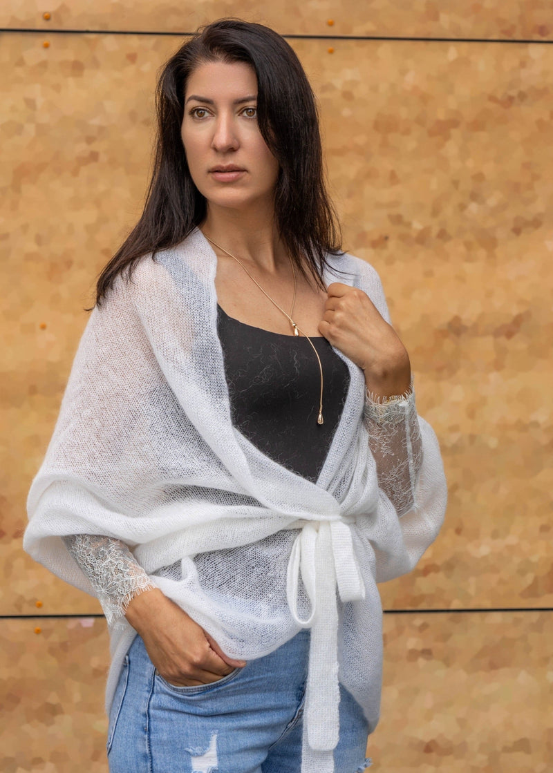 Light gray soft mohair fine knit jacket with lace sleeves