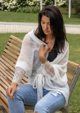 Light gray soft mohair fine knit jacket with lace sleeves