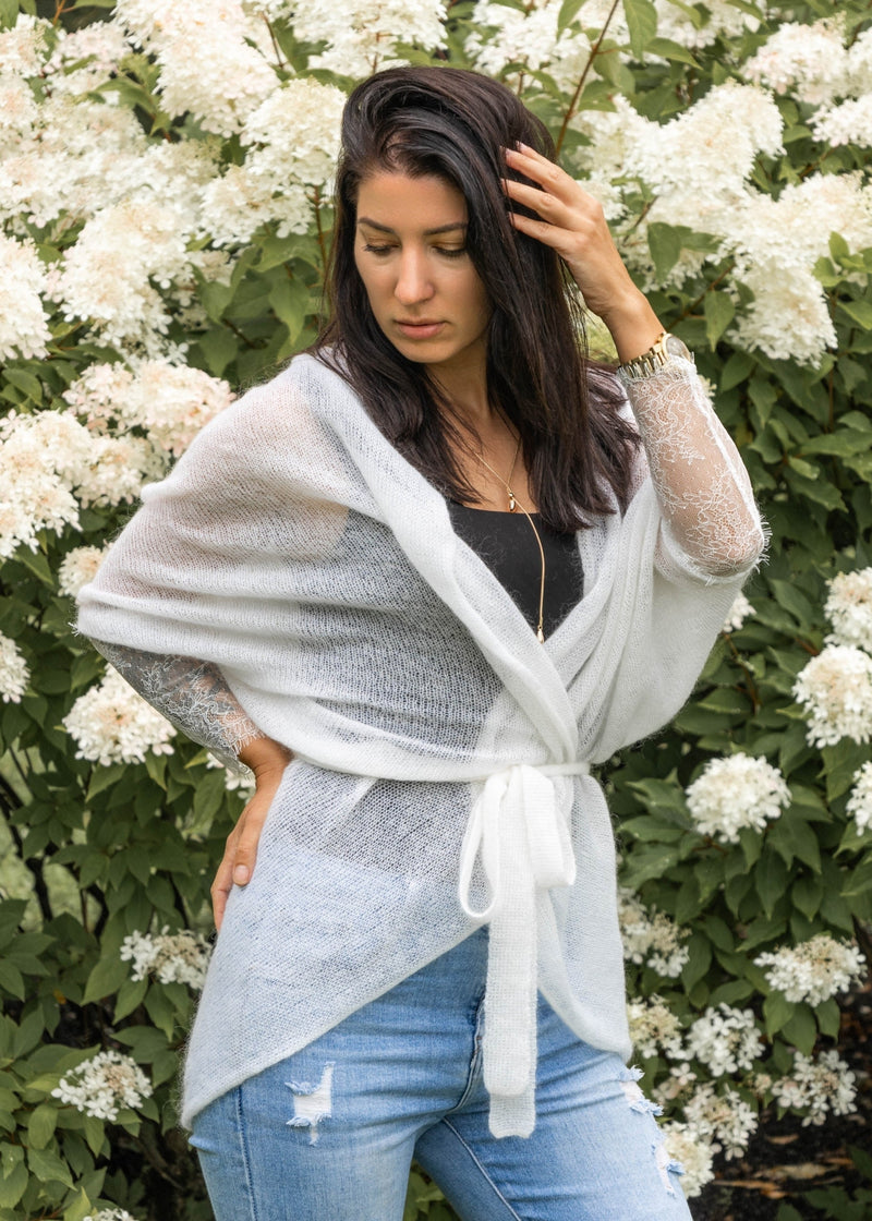 Light gray soft mohair fine knit jacket with lace sleeves