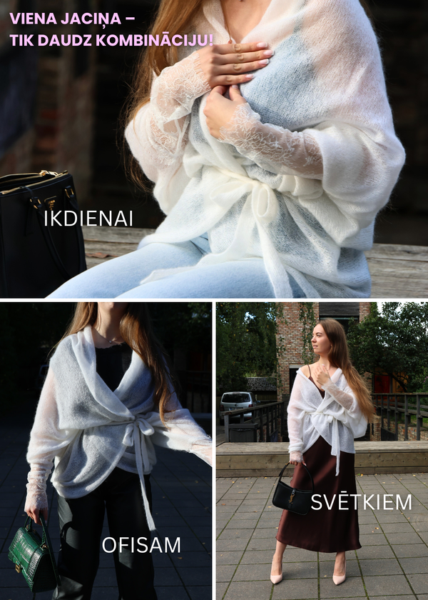 Light gray soft mohair fine knit jacket with lace sleeves