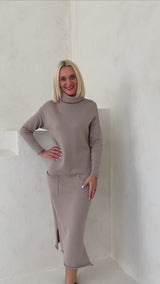 Light latte colored soft merino wool dress with pockets
