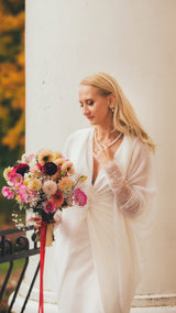 White mohair thin knit jacket with lace sleeves