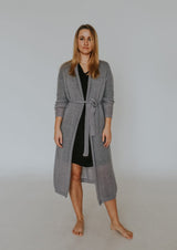 Gray soft mohair fine knit long jacket with belt