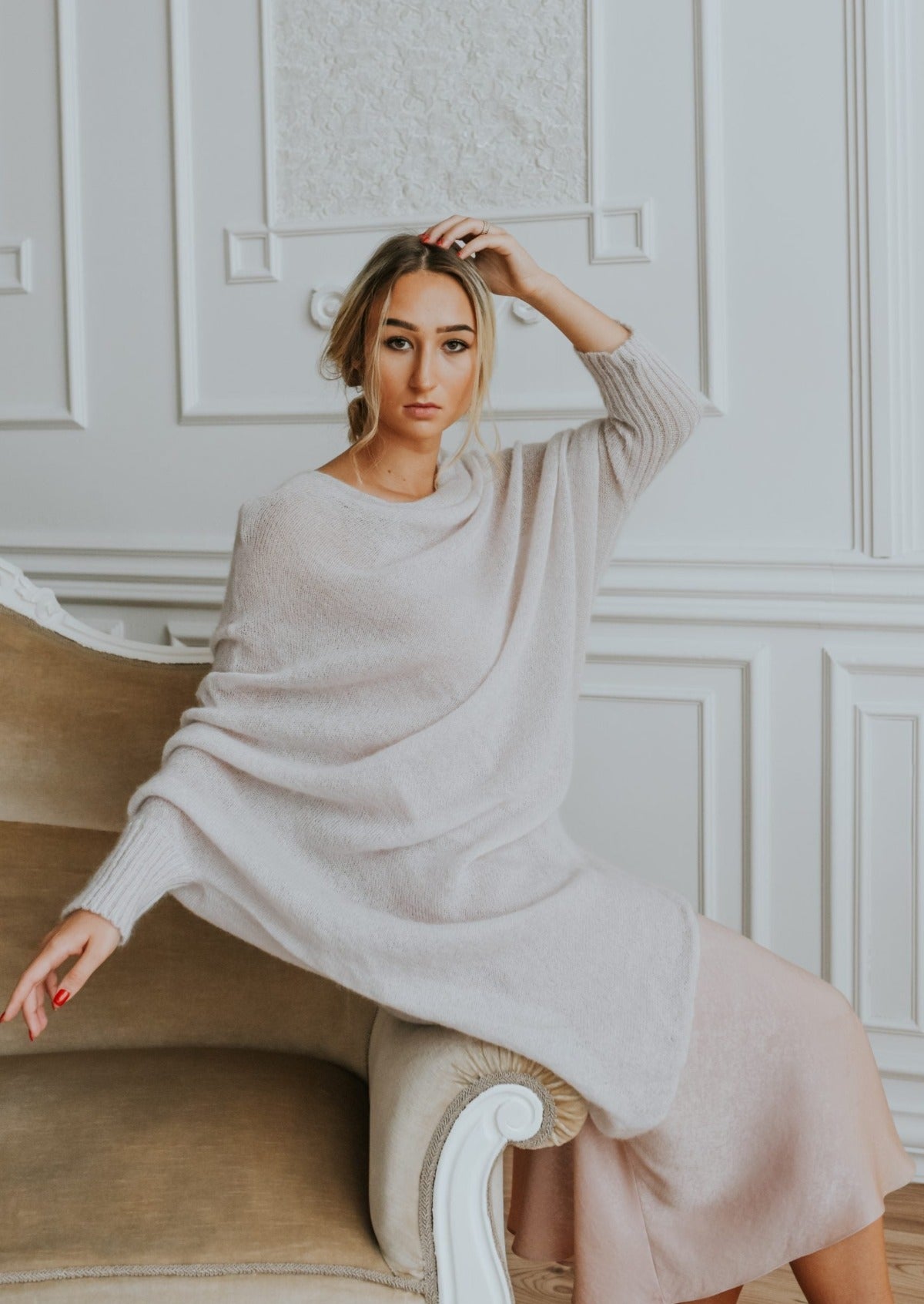 Ash White Asymmetric Mohair Wool Sweater/Tunic