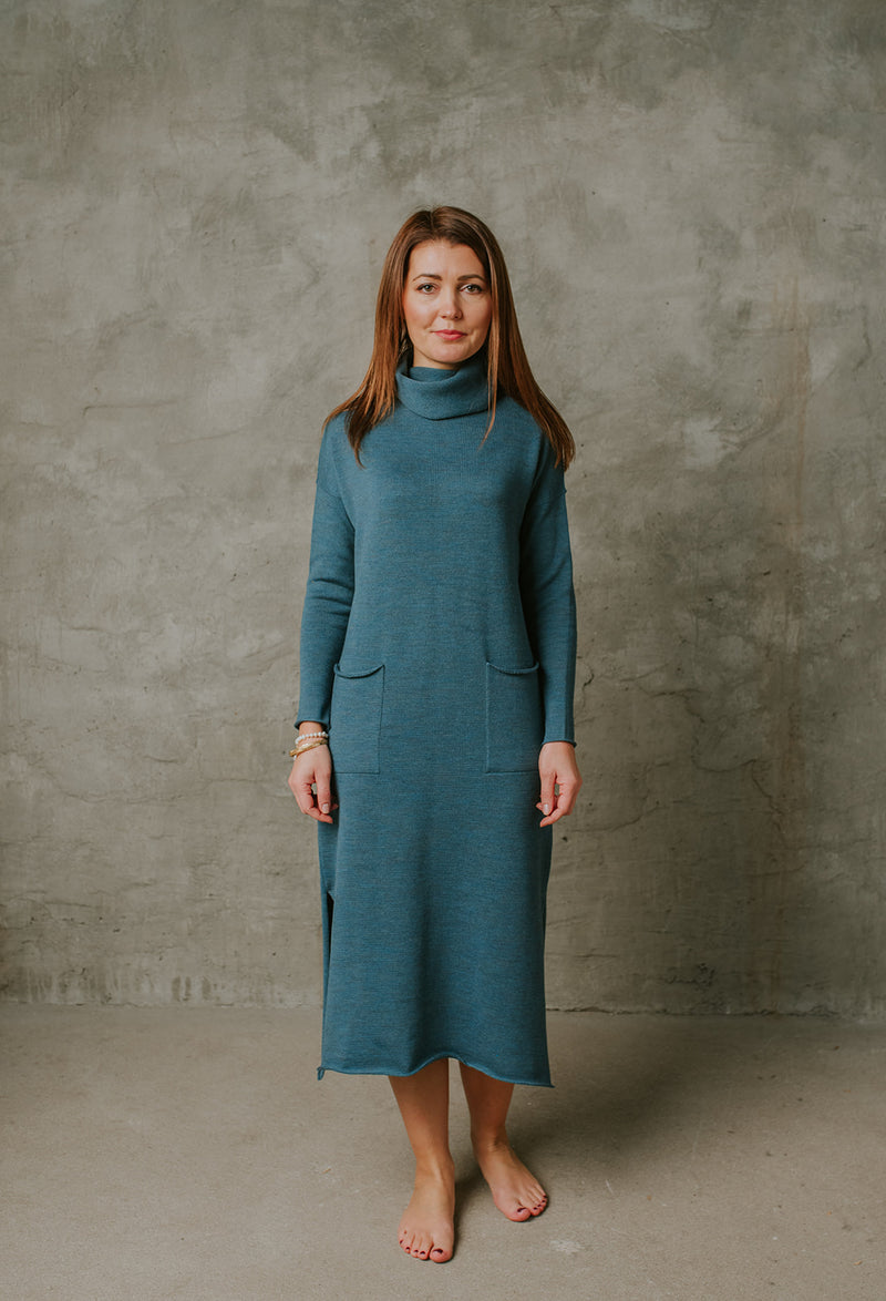 Sea green knitted soft merino wool dress with pockets