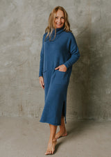 Denim blue knitted soft merino wool dress with pockets