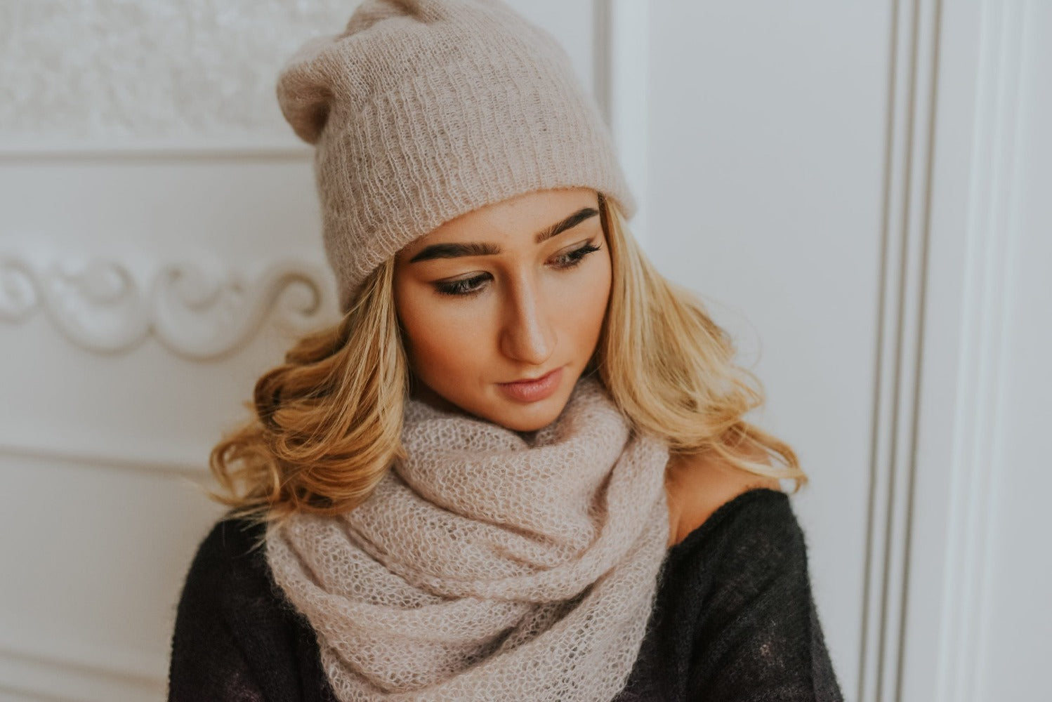 Beige Double-Knit Mohair Hat