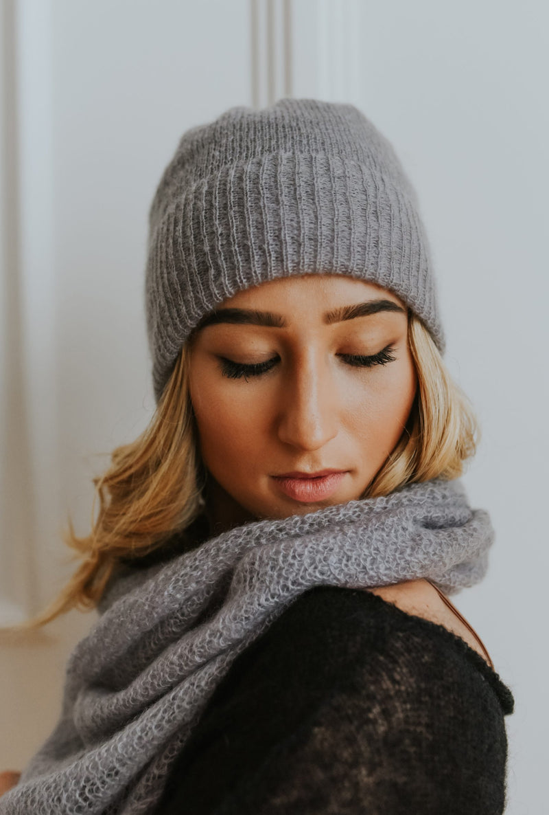 Light gray mohair hat in double knit