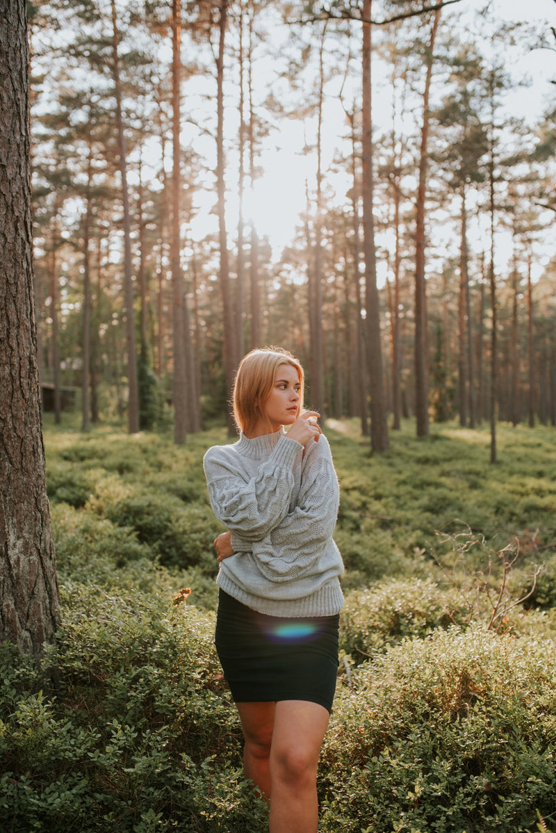 Light gray alpaca wool sweater with raised sleeves