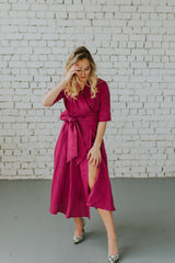 Fuchsia robe type dress MARLENA with a tie bow at the waist