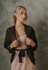 Soft mohair black fine knit cardigan with lace sleeves