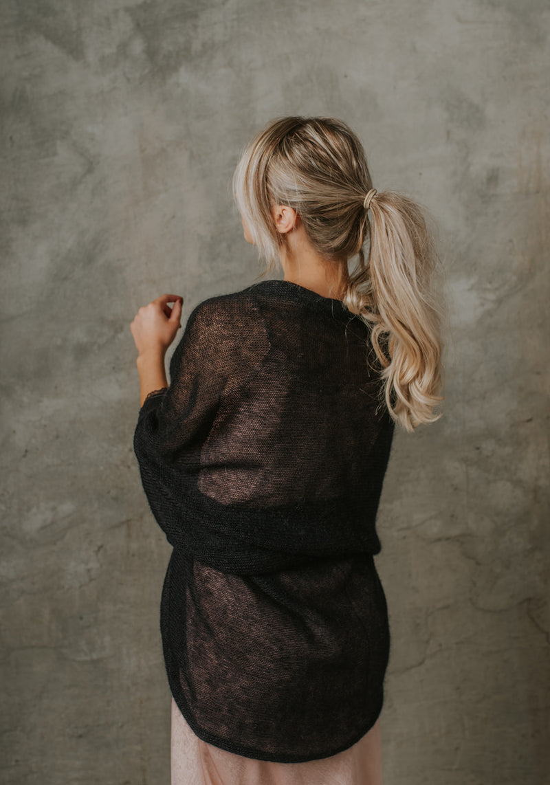 Soft mohair black fine knit cardigan with lace sleeves