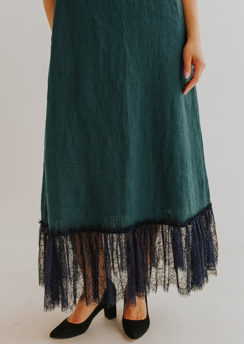 Emerald green linen dress ALEKSANDRA with dark blue lace