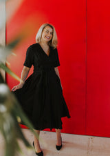 Black robe type linen dress MARLENA with a tie bow at the waist