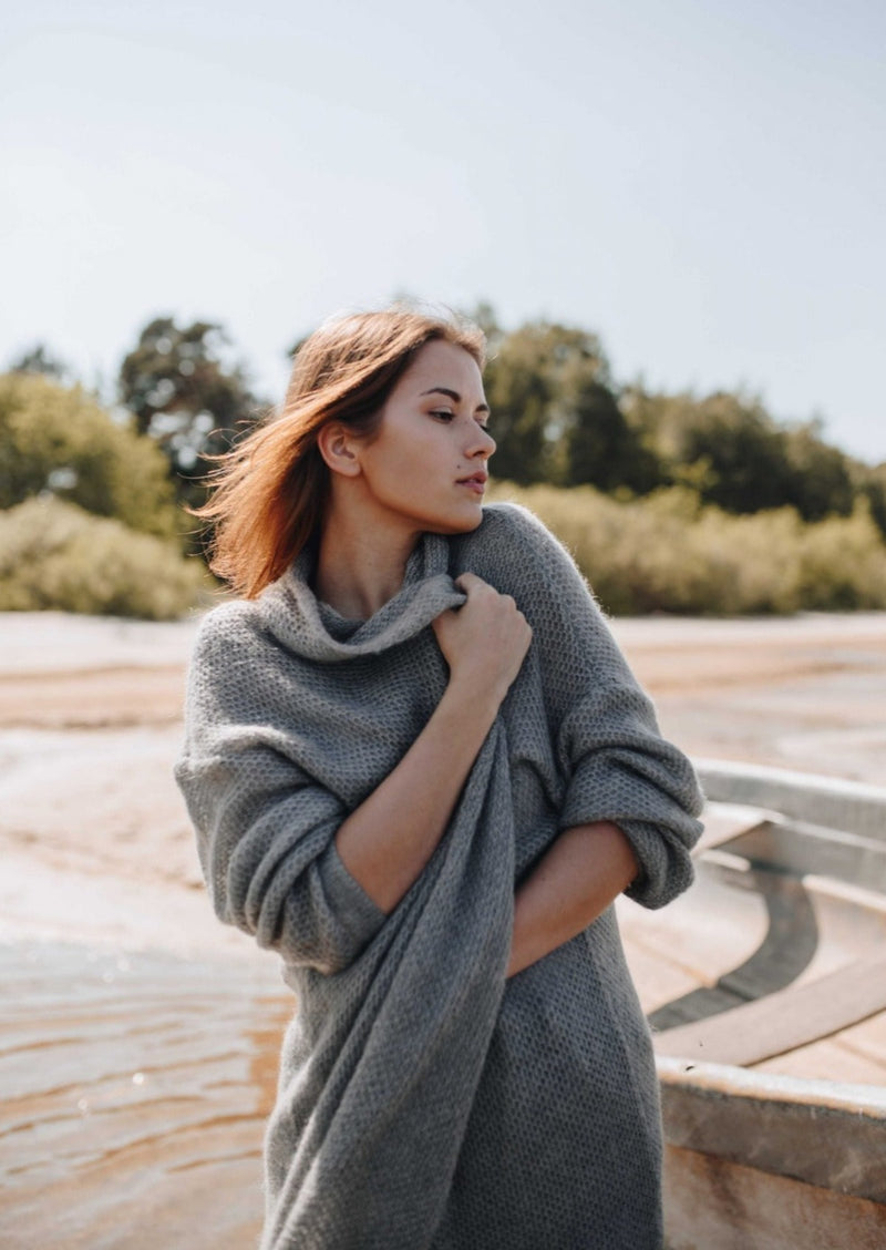 Gray soft mohair fine knit long jacket