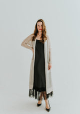 Long, classic-style mohair jacket in sand color