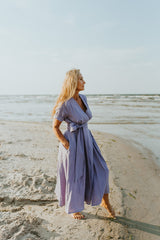 Lavender robe-type linen dress MARLENA with a tie at the waist
