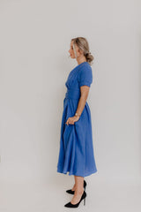 Sky blue robe-type linen dress MARLENA with a tie at the waist