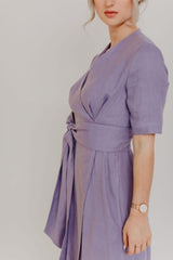 Lavender robe-type linen dress MARLENA with a tie at the waist