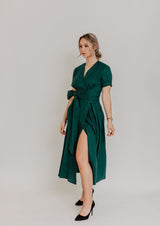 Emerald green robe type linen dress MARLENA with a tie bow at the waist
