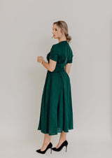Emerald green robe type linen dress MARLENA with a tie bow at the waist