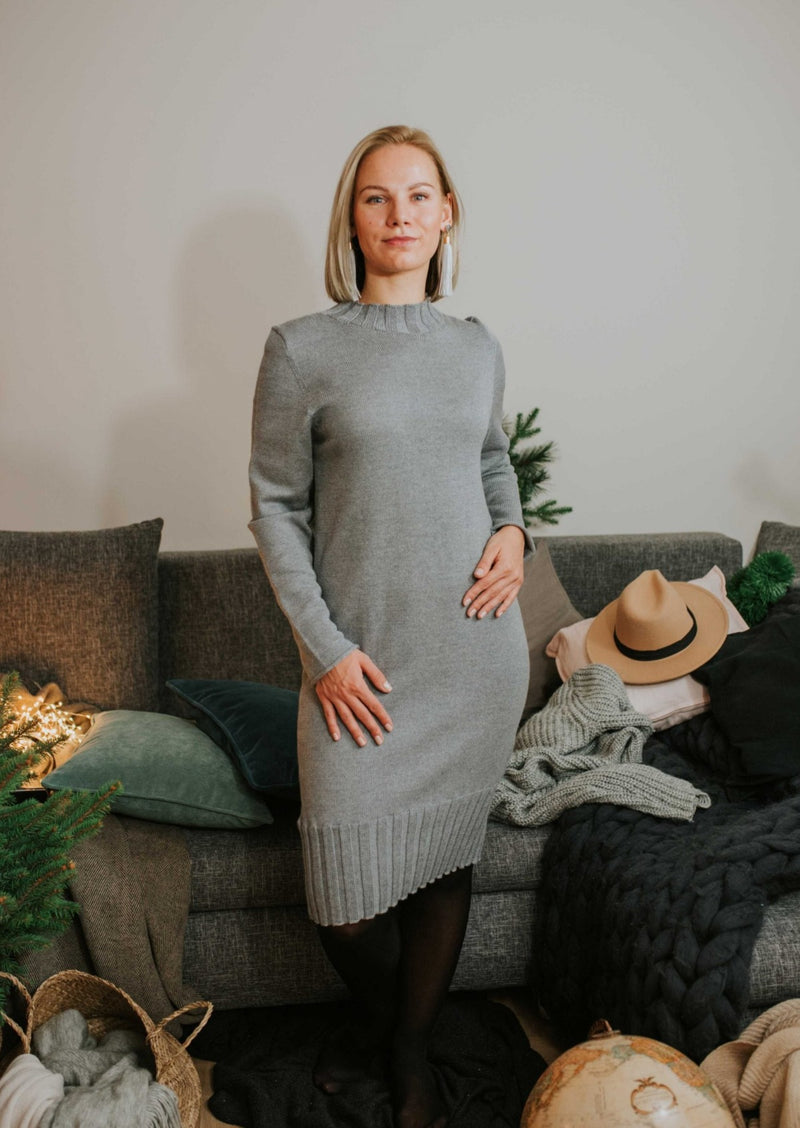 Light gray soft merino wool knit classic cut dress